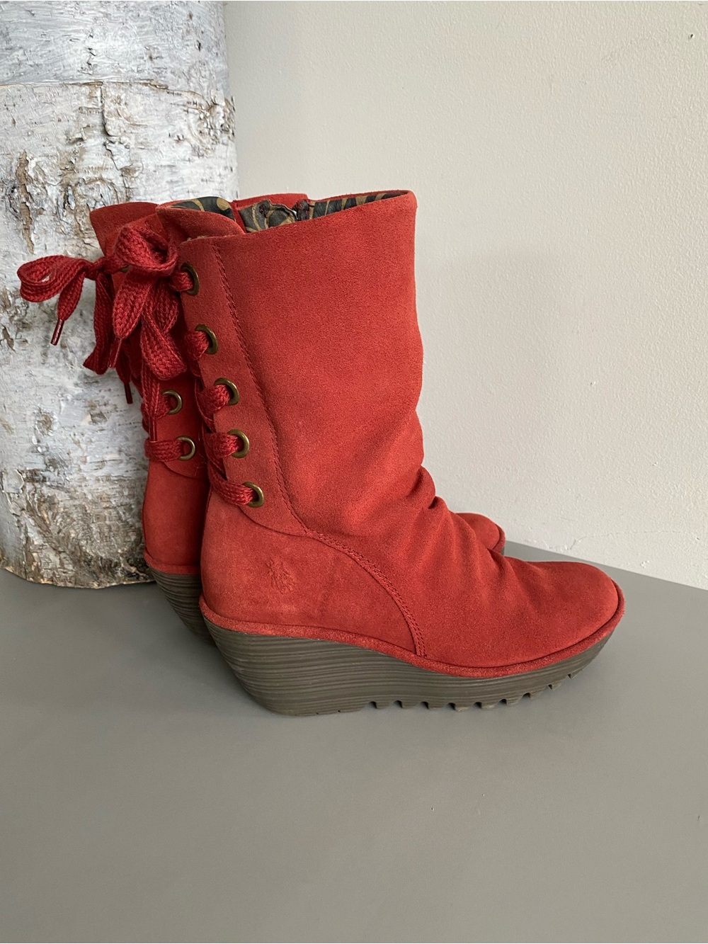 Fly London Yada Red Suede Wedge Mid Calf Boots Lace Up Back Sz 39/ 8.5 - Picture 6 of 14